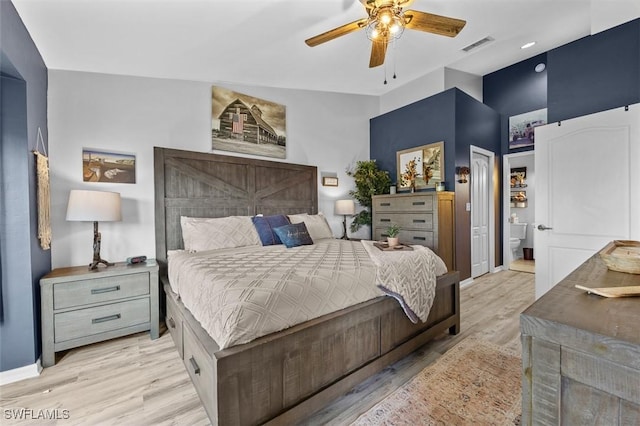 bedroom featuring light hardwood / wood-style flooring and ceiling fan