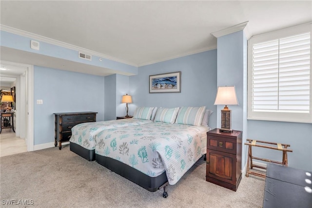 bedroom featuring light colored carpet, visible vents, baseboards, multiple windows, and crown molding