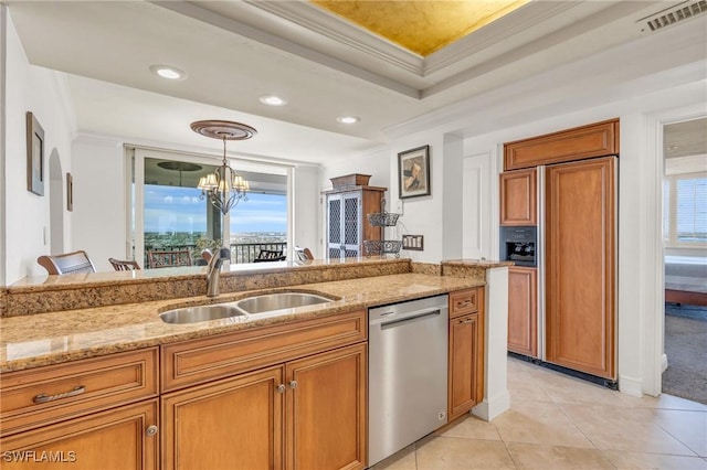 kitchen with dishwasher, light stone counters, ornamental molding, decorative light fixtures, and a sink