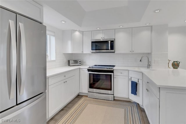 kitchen featuring decorative backsplash, appliances with stainless steel finishes, white cabinetry, and sink