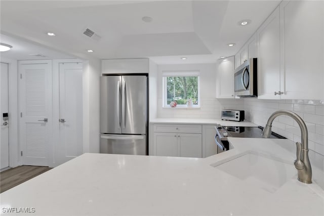 kitchen with stainless steel appliances, a raised ceiling, backsplash, white cabinets, and hardwood / wood-style flooring