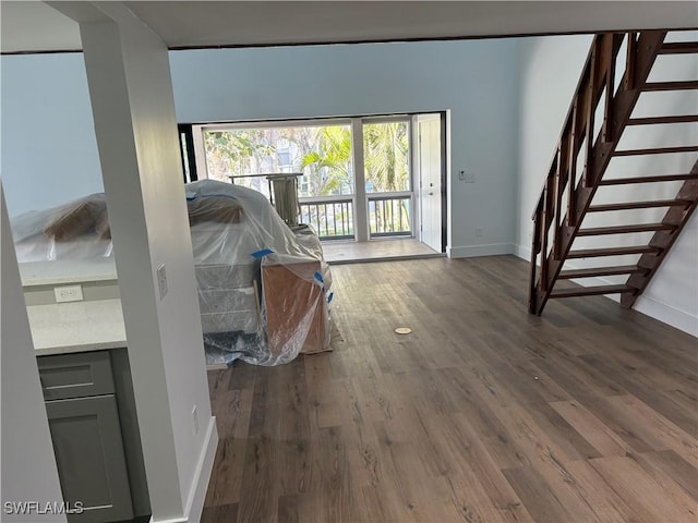 living room with dark hardwood / wood-style flooring