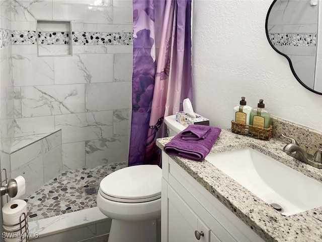 bathroom with toilet, vanity, and walk in shower