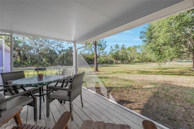 wooden deck featuring a lawn