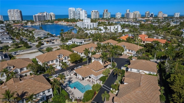 bird's eye view with a water view