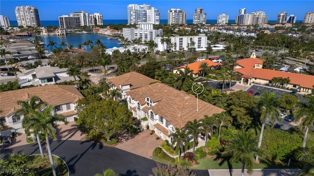 drone / aerial view with a water view