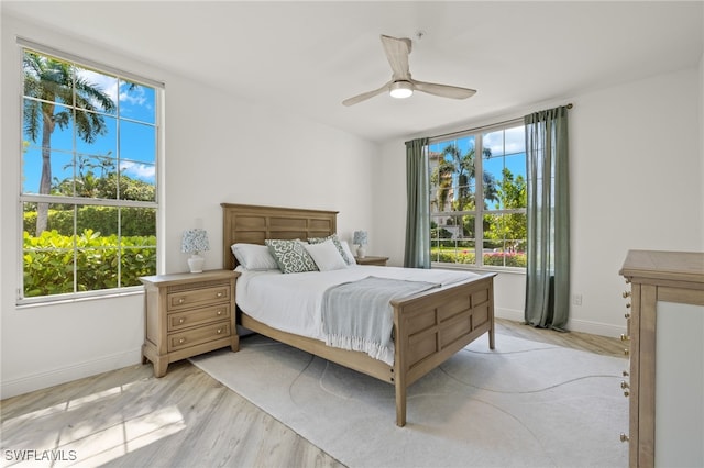 bedroom featuring ceiling fan and light wood-type flooring