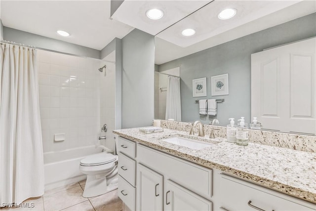 full bathroom with shower / tub combo, vanity, toilet, and tile patterned floors