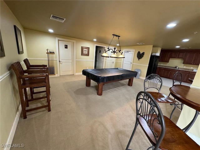 rec room with light carpet and billiards