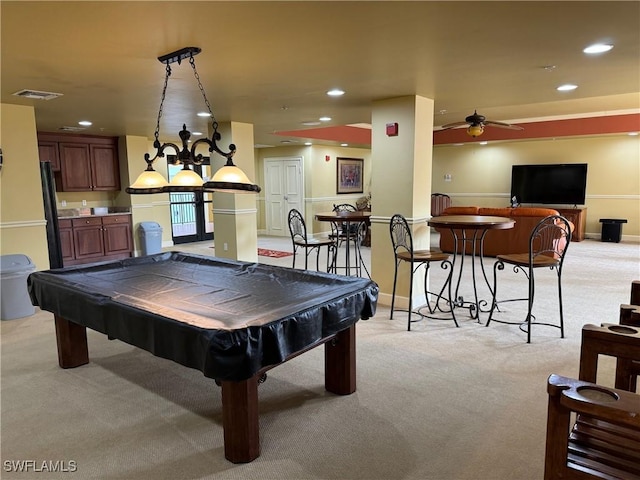 rec room featuring ceiling fan, light colored carpet, pool table, and indoor bar