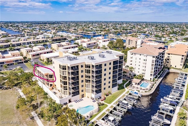 drone / aerial view featuring a water view