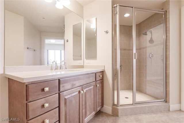 bathroom featuring tile patterned floors, vanity, and walk in shower