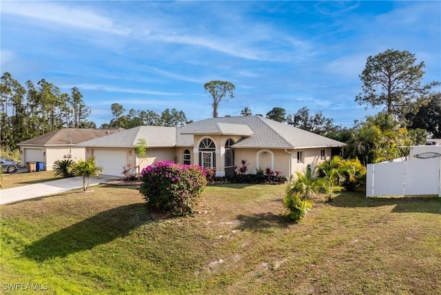 ranch-style house with a garage and a front yard