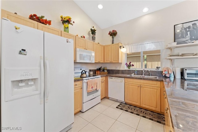 kitchen featuring sink, high vaulted ceiling, white appliances, light brown cabinetry, and light tile patterned floors