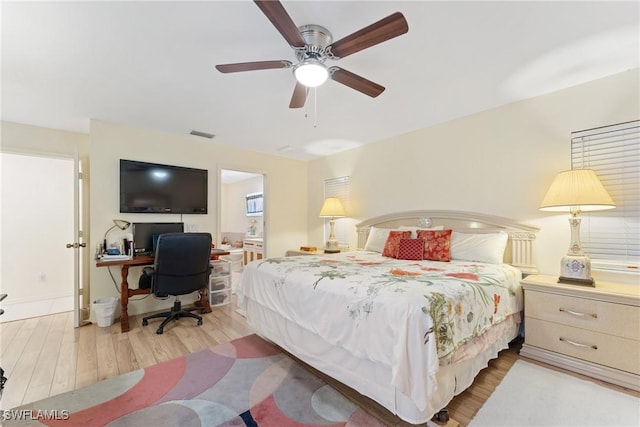 bedroom featuring ceiling fan and wood-type flooring