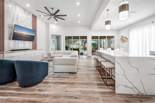 living room with ceiling fan and light hardwood / wood-style floors