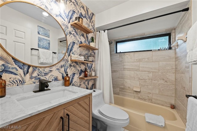 full bathroom with shower / tub combo, vanity, and toilet