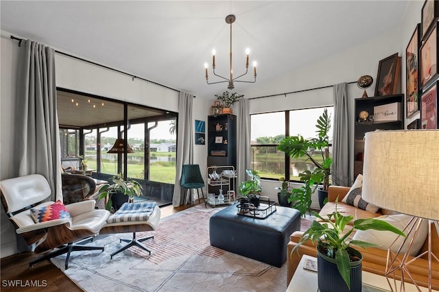 sitting room with an inviting chandelier