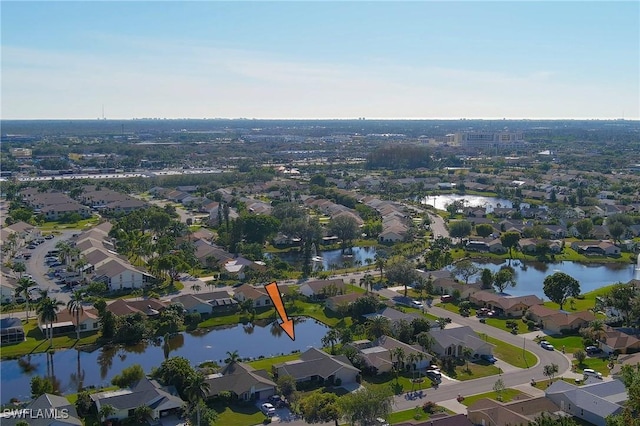 drone / aerial view featuring a water view