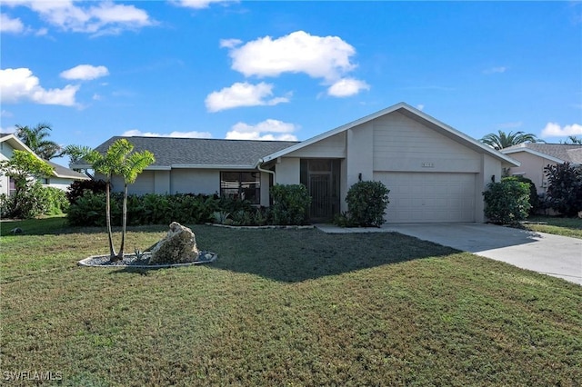 single story home featuring a front yard and a garage