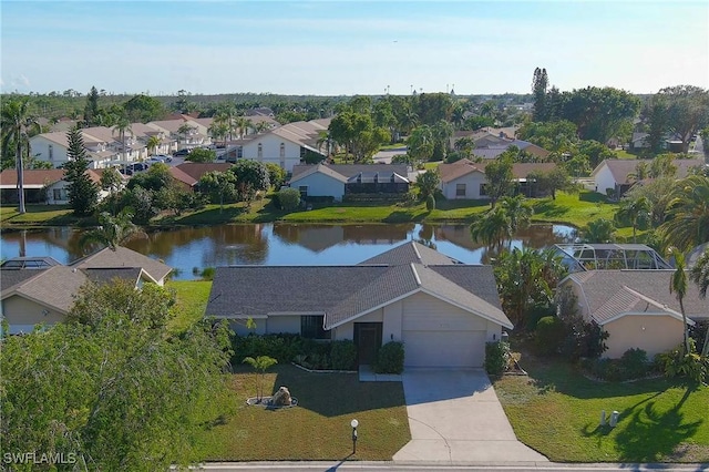 drone / aerial view with a water view