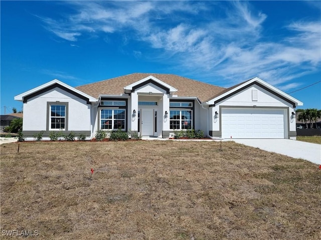 ranch-style house featuring a garage, driveway, a front lawn, and stucco siding