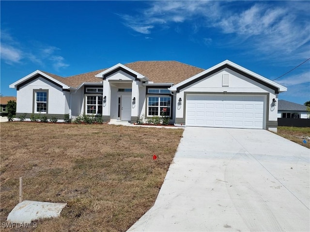 ranch-style home featuring an attached garage, a front lawn, concrete driveway, and stucco siding