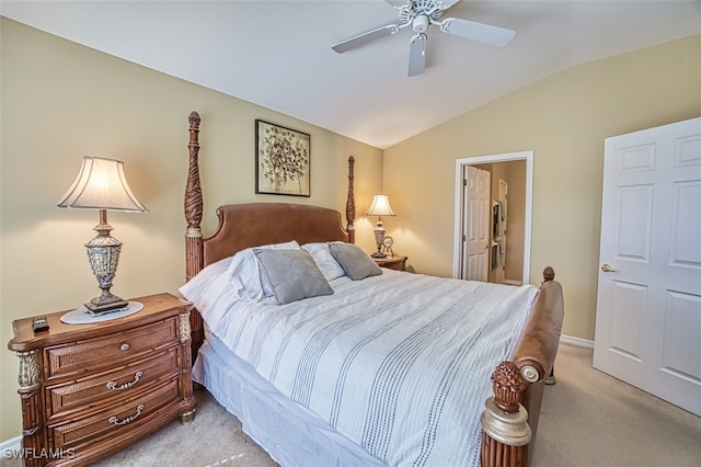 bedroom with light carpet, vaulted ceiling, and ceiling fan