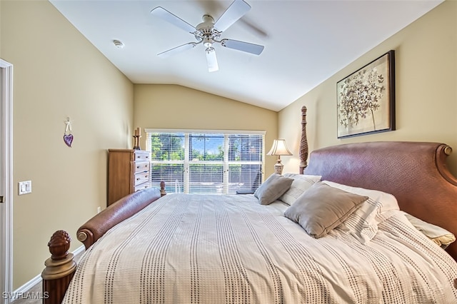 bedroom with ceiling fan and vaulted ceiling