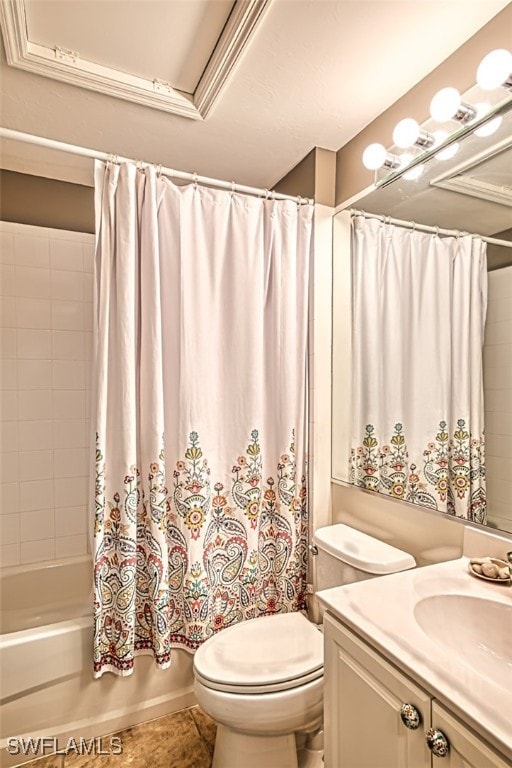 full bathroom with toilet, vanity, and shower / tub combo with curtain