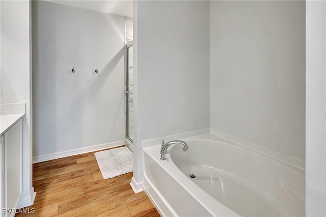 bathroom featuring a bathing tub, vanity, and wood-type flooring