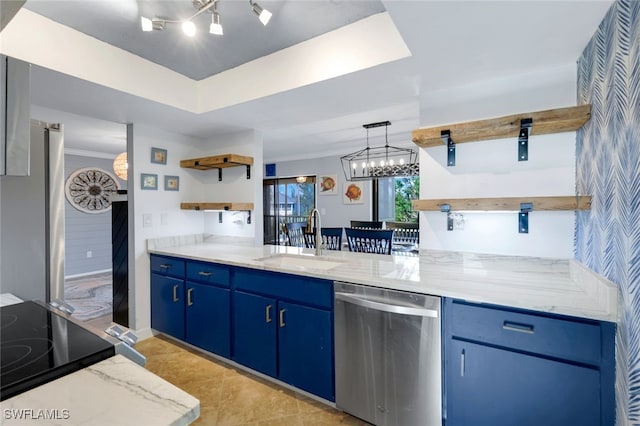 kitchen with sink, light stone countertops, blue cabinetry, appliances with stainless steel finishes, and light tile patterned flooring