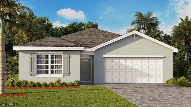 ranch-style house featuring a garage and a front lawn