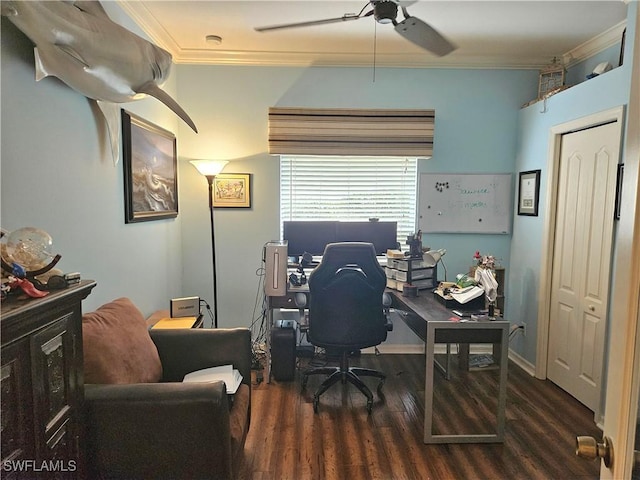 home office featuring ceiling fan, ornamental molding, and wood finished floors