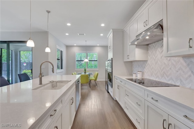 kitchen featuring sink, hanging light fixtures, appliances with stainless steel finishes, white cabinets, and hardwood / wood-style flooring