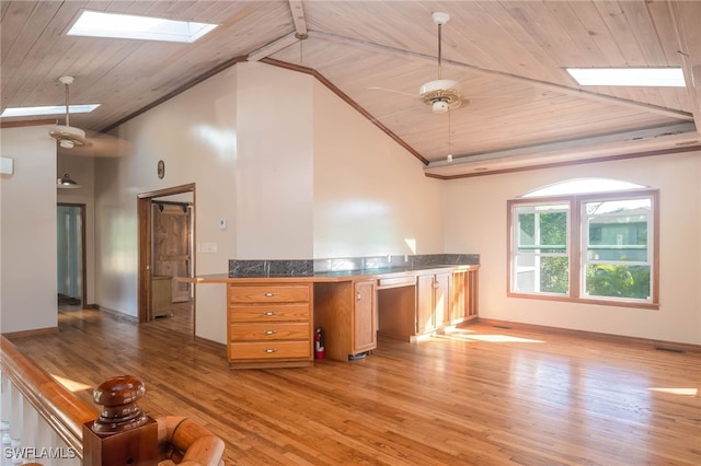 kitchen featuring a skylight, light hardwood / wood-style flooring, ceiling fan, and wood ceiling