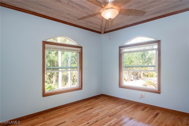 unfurnished room with ceiling fan, light hardwood / wood-style flooring, crown molding, lofted ceiling, and wood ceiling