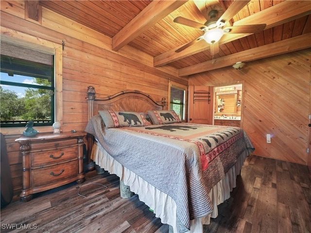 bedroom with wood walls, wooden ceiling, ceiling fan, dark hardwood / wood-style floors, and beamed ceiling