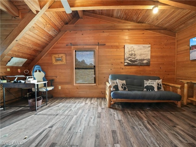 sitting room featuring wood-type flooring, lofted ceiling with beams, wooden walls, and wooden ceiling