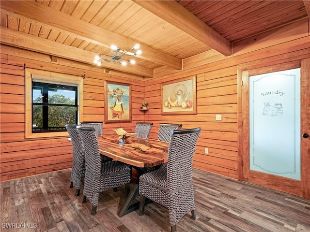 dining room with beam ceiling, wood-type flooring, and wooden walls