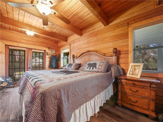 bedroom featuring wood ceiling, ceiling fan, beam ceiling, dark hardwood / wood-style floors, and wood walls