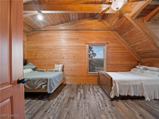 bedroom with hardwood / wood-style floors, lofted ceiling with beams, ceiling fan, and wood ceiling