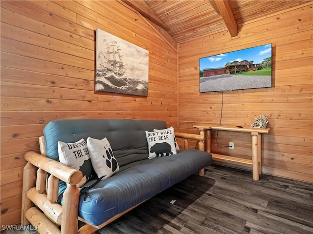 sitting room featuring hardwood / wood-style floors, vaulted ceiling with beams, and wood ceiling