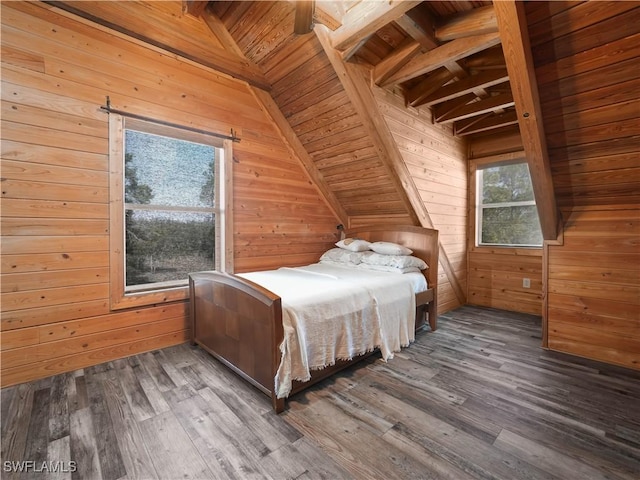 bedroom featuring vaulted ceiling with beams, wood walls, dark hardwood / wood-style flooring, and wood ceiling