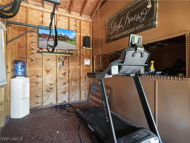 exercise area with wood walls