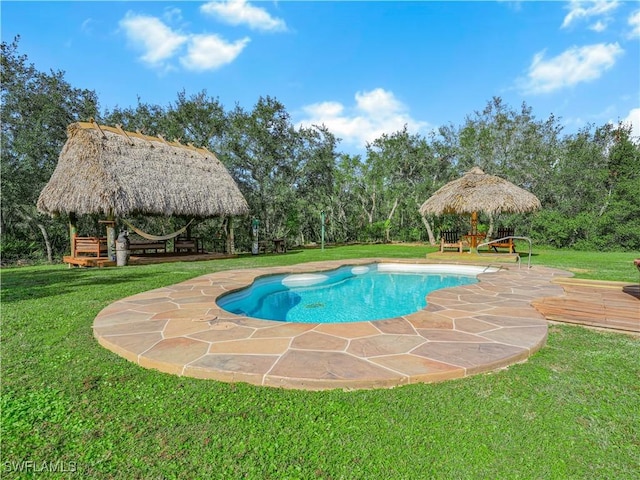 view of pool with a gazebo, a patio area, and a yard