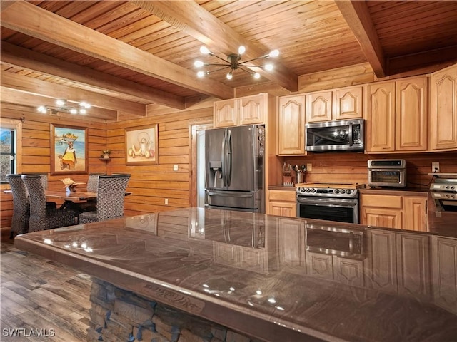 kitchen with wooden walls, beam ceiling, wooden ceiling, and appliances with stainless steel finishes