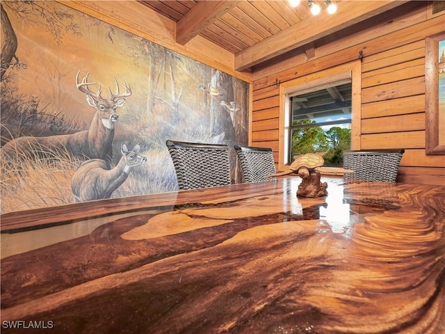 dining area featuring beam ceiling, wood walls, and wood ceiling