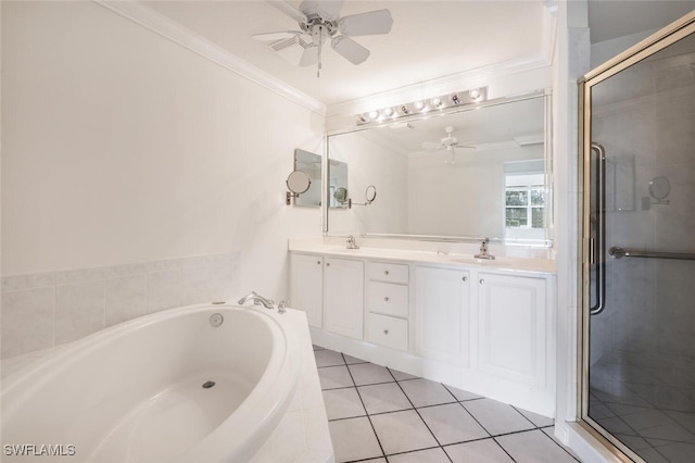 bathroom featuring ceiling fan, tile patterned floors, separate shower and tub, vanity, and ornamental molding