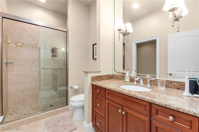 bathroom with tile patterned flooring, vanity, toilet, and a shower with door